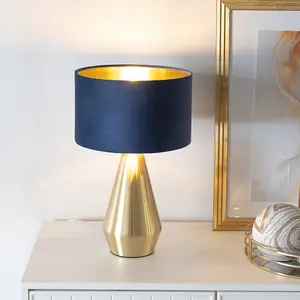 ValueLights Jax Gold Dimmable Touch Table Lamp with Navy Blue Velvet with Gold Inner Lamp Shade