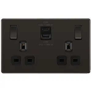 GoodHome Black Nickel Double 13A Flat Switched Screwless Socket with USB, x2 & Black inserts