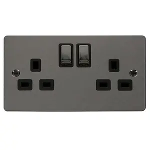 Flat Plate Black Nickel 2 Gang 13A DP Ingot Twin Double Switched Plug Socket - Black Trim - SE Home