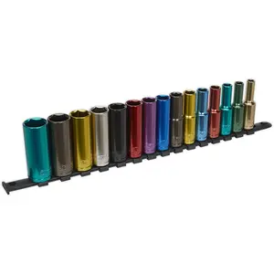 15-Piece Multi-Colored Deep Socket Set - 1/2 Inch Metric Drive with 6-Point Design