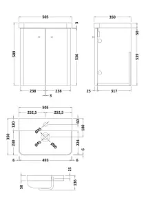 Wall Hung 2 Door Vanity Unit with Ceramic Sink - 500mm - Soft Black