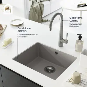 GoodHome Sorrel Grey Composite quartz 1 Bowl Kitchen sink 550mm x 460mm