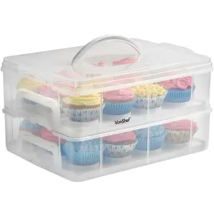 VonShef Cupcake Carrier with Handle, 24 Muffin Stackable Cake Caddy, 2 Tier Bake Holder w/Snap & Stack Design, Plastic Carry Box