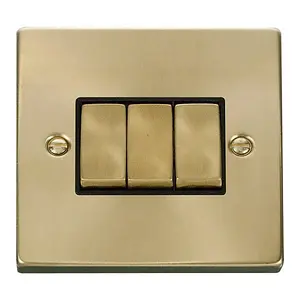 Satin / Brushed Brass 10A 3 Gang 2 Way Ingot Light Switch - Black Trim - SE Home