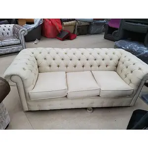 Chesterfield 3 Seater Sofa Settee Charles Cream Linen Fabric In Classic Style