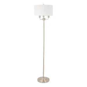 First Choice Lighting Pair of 3 Light Antique Brass Floor Standard Light with Light Cream Fabric Shade