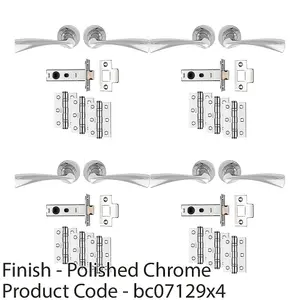 4 PACK - Premium Door Handle & Latch Pack Set- Polished Chrome Curved Flair Lever Round Rose