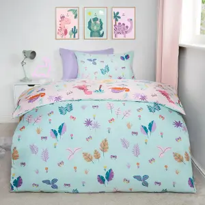 Dino Duvet Cover Bedding Set Reversible Pillowcase Kids Quilt, Pink - Single