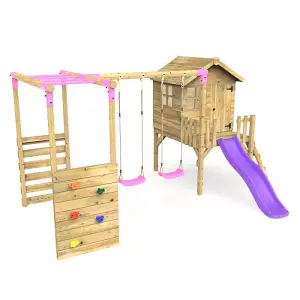 Rebo Orchard 4ft Wooden Children's Playhouse, Swings, Monkey Bars, Deck & 6ft Slide - Double Swing - Venus Purple