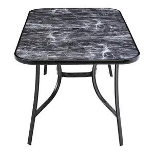 150 x 90cm Outdoor Garden Marble Texture Coffee Table with Tempered Glass Top and Parasol Hole, Black