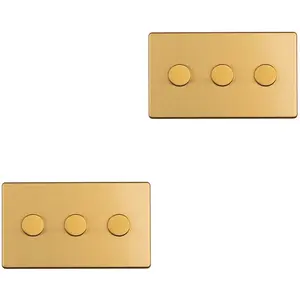 2 PACK 3 Gang Dimmer Switch 2 Way LED SCREWLESS SATIN BRASS Light Dimming Wall