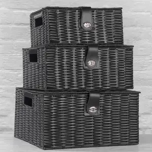 Resin Woven Storage Baskets - Set of 3 Black - M&W