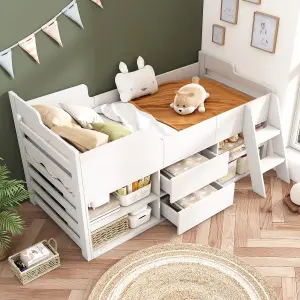 Cabin Bed Mid Sleeper Bed Frame Storage Kids Wooden bed Low Sleeper Bed Single Children's White Wooden Bed Frame Only 90 x 190 cm