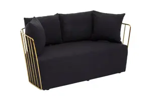 Interiors by Premier 2 Seat Black Fabric Sofa, Gold Finish Steel Frame Accent Sofa, Lounge Sofa with 4 Cushions,  Wireframe Sofa