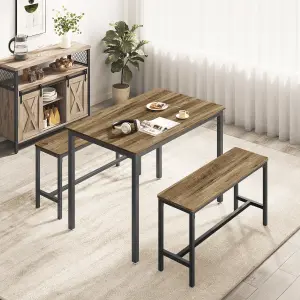 VASAGLE Dining Table with 2 Benches, 3 Piece Set, Honey Brown