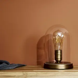 ValueLights Aged Brass Effect Metal Base and Clear Glass Dome Table Lamp With LED Amber Tinted Squirrel Cage Light Bulb