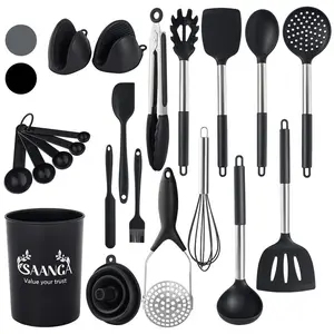 Silicone Kitchen Utensil Set 21 Pcs Non-Stick Heat Resistant Cookware, Food Grade And Dishwasher Safe Cooking Utensils With Holder (Grey) Black