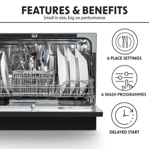 Baridi Compact Tabletop Dishwasher 6 Place Settings, 6 Programmes - Black