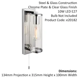 Chrome Bathroom Wall Light & Cylinder Glass Shade - IP44 Rated - Modern Sconce