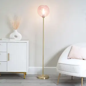 ValueLights Frenchie Brushed Gold Metal Floor Lamp with Pink Tinted Glass Globe Shade - LED Bulb Included