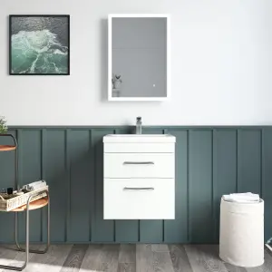 Rio 2 Drawer Wall Hung Vanity Basin Unit - 500mm - Gloss White with Brushed Brass D Handles (Tap Not Included)