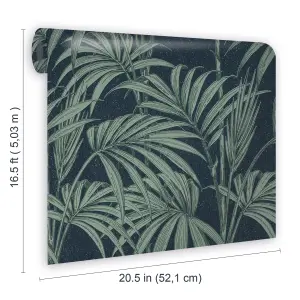 Julien MacDonald Honolulu Green & navy Glitter effect Leaves Smooth Wallpaper