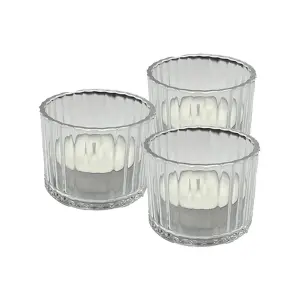 Set of 3 Premium Ribbed Glass Tealight Holders (Includes 3 free Tealights)