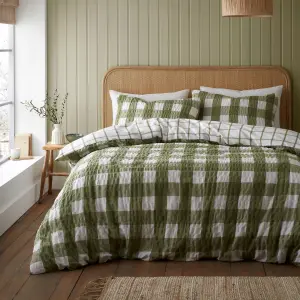 Catherine Lansfield Brushed Seersucker Gingham Reversible King Duvet Cover Set with Pillowcases Olive Green