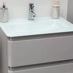 Marvel 600mm Wall Hung Bathroom Vanity Unit in Light Grey Gloss with White Glass Basin