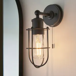 Matt Black Industrial Caged Bathroom Wall Light - IP44 Rated - Knurled Detailing