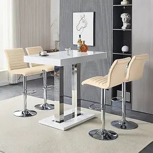 Caprice White High Gloss Bar Table With 4 Ripple Taupe Stools