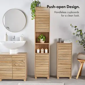 VonHaus Tall Bathroom Cabinet, Oak Wood Effect Bathroom Tallboy Unit, Slatted Bathroom Storage for Kitchen and Hallway, Chester