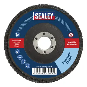 Sealey Flap Disc Zirconium 100mm 16mm Bore 80 Grit Abrasive Flaps FD10080