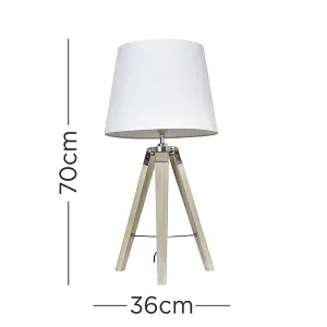 ValueLights Clipper Modern Distressed Wood and Silver Chrome Tripod Table Lamp with White Tapered Light Shade