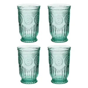 Set of 4 Luxury Embossed Green Tall Drinking Glass Tumblers 330ml