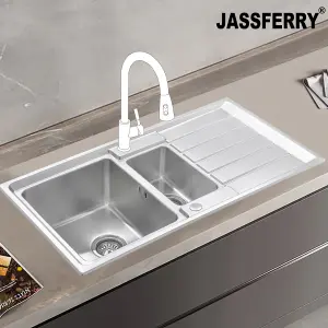 JASSFERRY Premium Kitchen Sink Square Style Stainless Steel 1.5 Bowl Inset Reversible Drainer