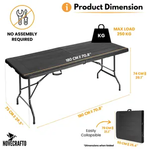 6ft Folding Table - Portable Black Plastic Trestle Table 180x75cm with Steel Frame, Easy to Fold & Store, For Indoor & Outdoor Use