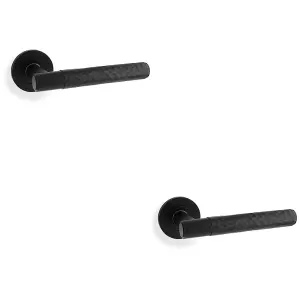 2 PACK - SOLID BRASS Hammered Door Handle Set - Matt Black Straight Lever on Round Rose