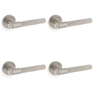 4 PACK - SOLID BRASS Knurled Door Handle Set - Satin Nickel Bar Lever on Round Rose