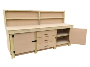 Wooden work bench with drawers and double lockable cupboard (V.8) (H-90cm, D-70cm, L-240cm) with back panel and double shelf