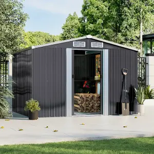 8 X 6 ft Apex Roof Charcoal Black Waterproof Outdoor Metal Shed Garden Storage Shed with Base