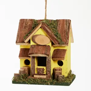 Decorative Hanging Bird House Garden Lodge Birdbox Yellow Bird Nesting Box with Moss Details