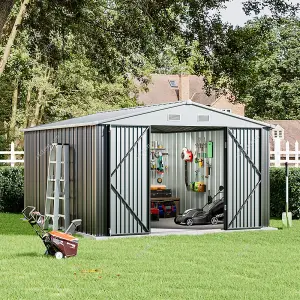 317.6cm W Grey Outdoor Garden Galvanized Steel Storage Shed with Sloped Roof Design, 10x12 ft