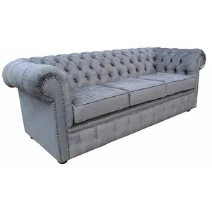 Chesterfield 3 Seater Sofa Settee Verity Steel Grey Fabric In Classic Style