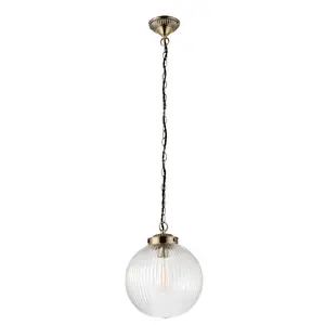 Bateson 1 - Light Globe Pendant Antique Brass/Clear Ribbed Glass / 100cm H x 25cm W x 25cm D