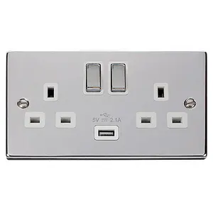 Polished Chrome 2 Gang 13A DP Ingot 1 USB Twin Double Switched Plug Socket - White Trim - SE Home