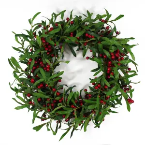 60cm (24 inches) Large Luxury Christmas Mistletoe Leaf and Red Berry Floristry Wreath