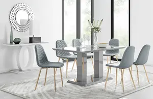 Imperia Grey High Gloss 6 Seater Dining Table with Structural 2 Plinth Column Legs 6 Grey Faux Leather Gold Leg Corona Chairs