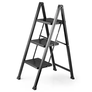 VonHaus Slim 3 Step Ladder with Anti Slip Steps and Feet, Black Lightweight Folding Stepladder - 150KG Max Capacity, Easy to Store