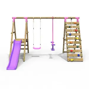 Rebo Wooden Swing Set with Deck and Slide plus Up and Over Climbing Wall - Obsidian Pink